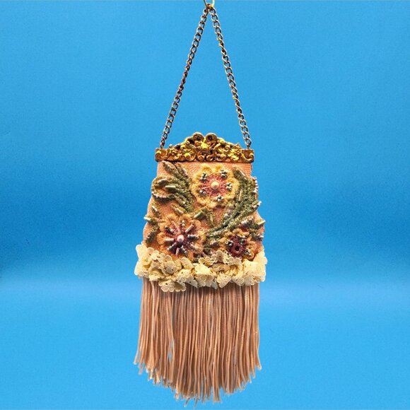 Victorian Purse Ornament Pink Beaded Lace Fringe Vintage Style Christmas v2 - Picture 4 of 10